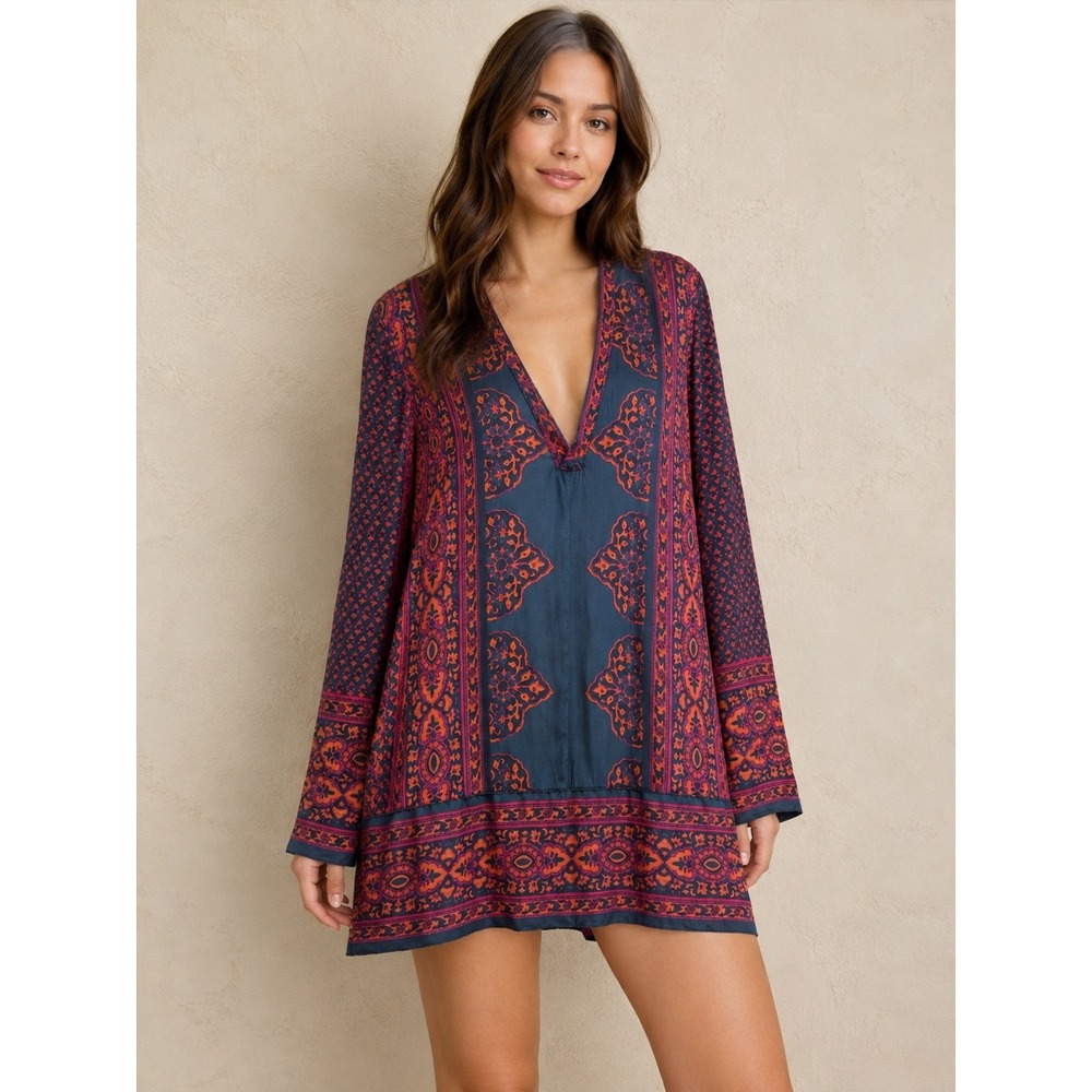 Free People Mini Dress Womens Large Teal Orange Excellent Boho Medallion Print